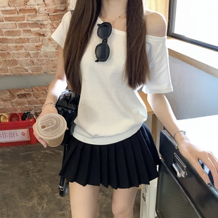 T恤上衣女装 韩系穿搭松驰感宽松一字领斜肩露肩慵懒白色短袖 夏季
