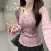 韩系V领t恤上衣坑条长袖 春秋冬季 修瘦温柔风内搭打底衫 开叉喇叭袖