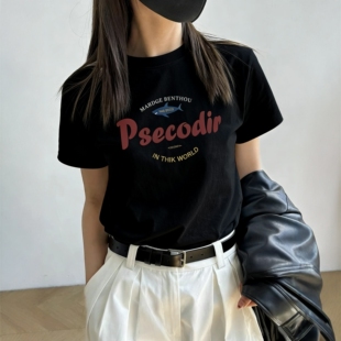 2026修身 美式 复古正肩短袖 t恤女夏季 纯棉圆领上衣 黑色内搭打底衫