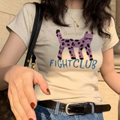 上衣夏季 短袖 喵咪印花辣妹正肩黑色紧身白色美式 短款 t恤女装 修身