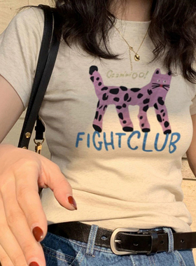 短袖t恤女装修身喵咪印花辣妹正肩黑色紧身白色美式短款上衣夏季