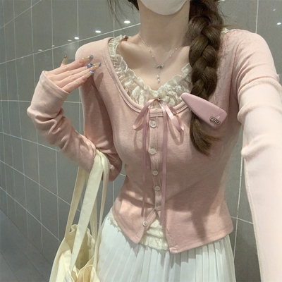 蕾丝系带假两件设计感长袖T恤女