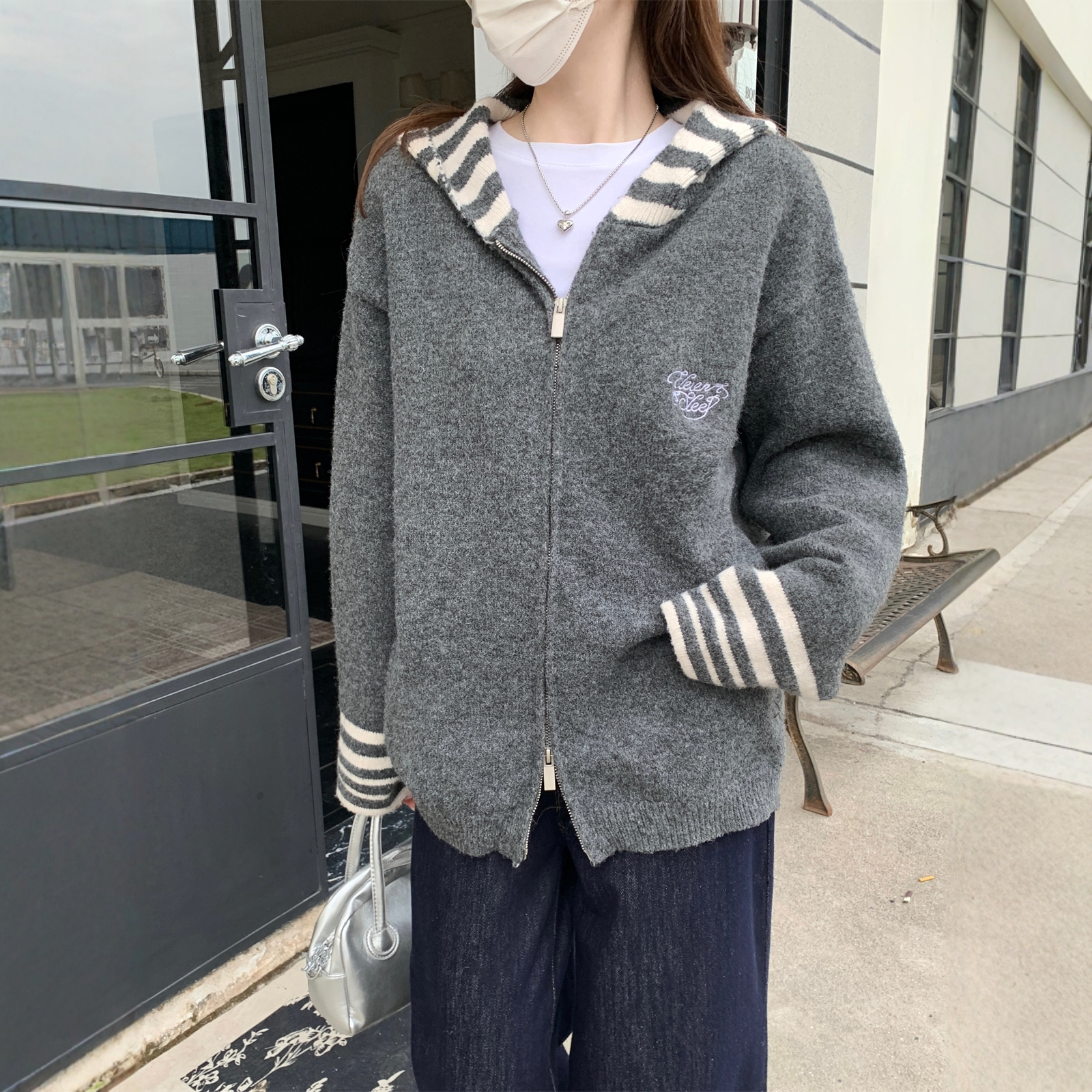 韩系学院风海军领条纹针织开衫