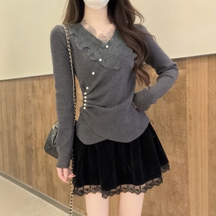 女内搭上衣 打底衫 法式 别致蕾丝V领毛衣女秋冬收腰显瘦褶皱针织衫