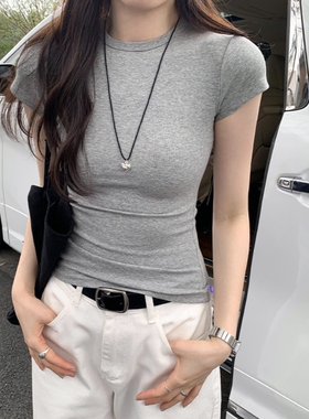 巨显身材小圆领美式正肩T恤女短袖灰色甜辣2026夏季新款收腰上衣