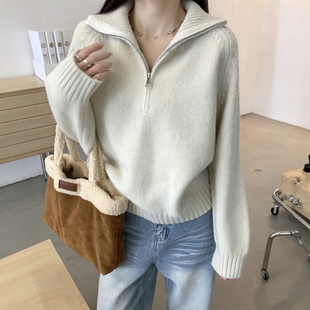 韩系春装半拉链慵懒风宽松翻领针织衫软糯打底内搭毛衣女加厚外套