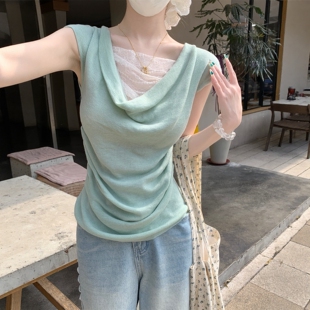 女温柔风收腰褶皱夏季 2026上衣 针织衫 甜美荡领蕾丝拼接假两件短袖