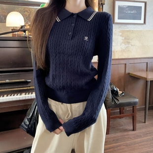 miu系针织衫春秋冬季polo领藏蓝色修身打底毛衣女内搭厚款学院风