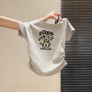 美式 T恤女2026夏季 新款 斜肩设计感小众小上衣 卡通风小狗印花短袖