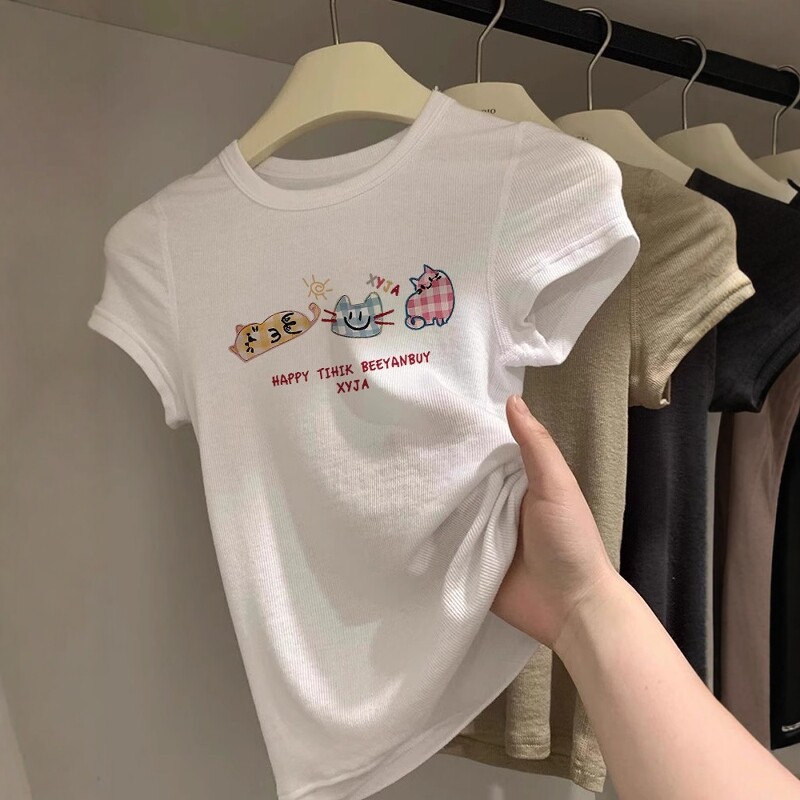 超火白色圆领上衣ins女学生夏季洋气chic字母印花正肩修身短袖t恤