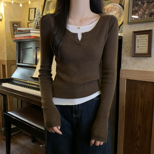 2026新款假两件针织衫上衣打底衫女内搭春秋修身低圆领打底毛衣女