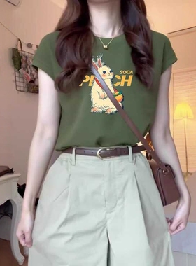 2026新款多巴胺穿搭显瘦短款上衣正肩绿色卡通印花短袖t恤女夏季