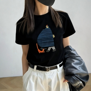 新款 美式 卡通印花纯棉上衣2026夏季 T恤女修身 正肩休闲风黑色短袖