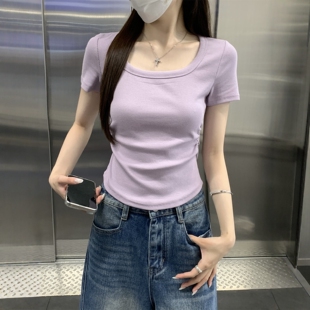 2026超火减龄绝美巨好看 t恤女收腰夏季 紫色方领小衫 小上衣短袖