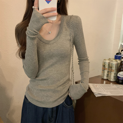 法式修身气质u领针织衫