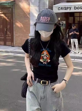 欧货美式正肩短袖t恤女夏季2026新款修身显瘦纯棉潮牌圆领小上衣