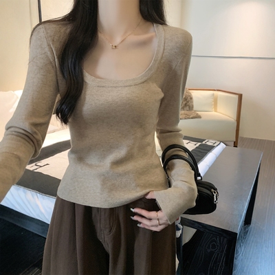 法式绝美别致方领短款毛针织衫