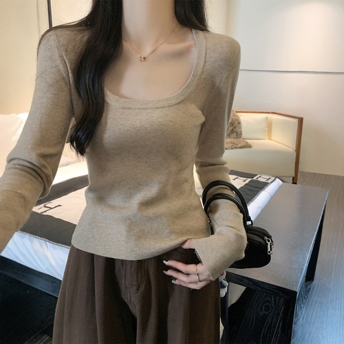 法式绝美别致方领短款毛针织衫