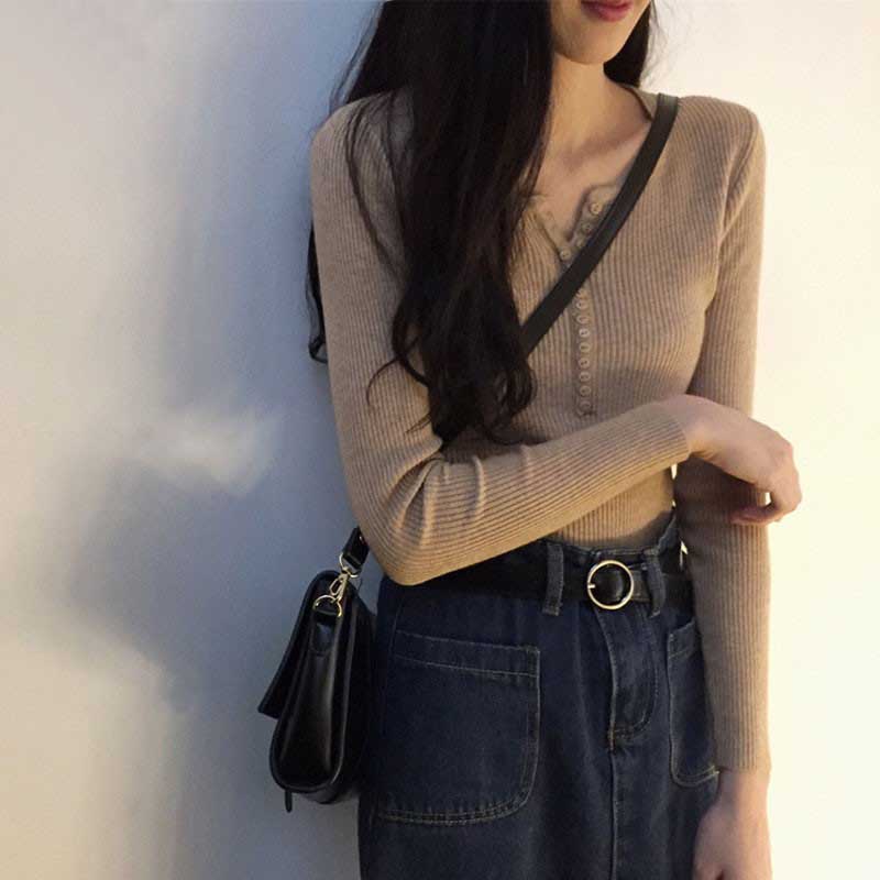 修身长袖毛衣显瘦百搭打底纽扣