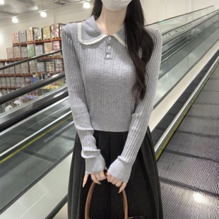女内搭毛衣春高级感上衣 打底衫 学院风娃娃领麻花针织衫 女灰色修身