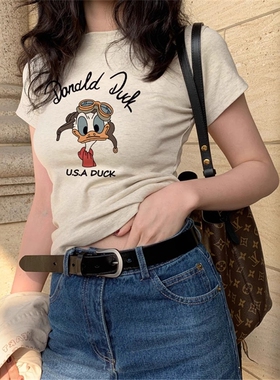 美式复古正肩t恤女2026夏季新款短袖修身纯棉别致卡通印花上衣女