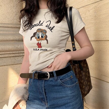 美式复古正肩t恤女2026夏季新款短袖修身纯棉别致卡通印花上衣女