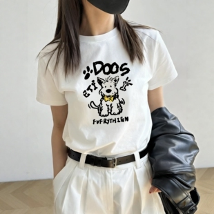 美式 T恤女夏季 2026正肩修身 显瘦小众设计感上衣 卡通印花白色短袖