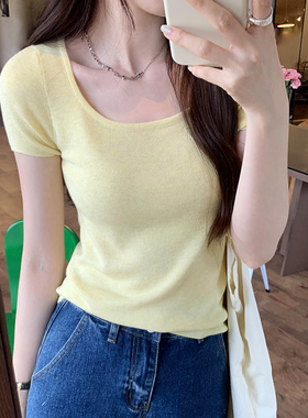 黄色温柔方领正肩修身薄款短袖针织衫女夏季小众亲肤显瘦短款上衣
