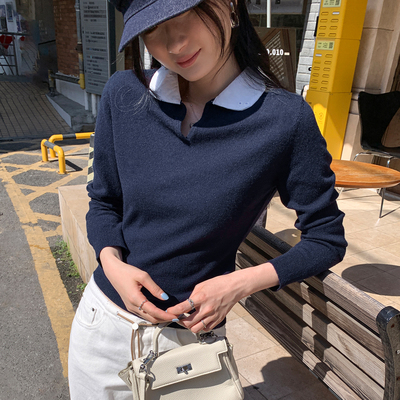 韩系翻领针织衫女修身套头打底