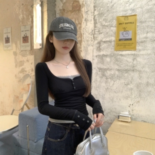 显瘦方领内搭打底衫 美式 上衣 修身 新款 复古辣妹长袖 t恤女2026春装