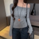 港风一字肩麻花针织衫 女灰色露肩长袖 打底毛衣女内搭miu系上衣春