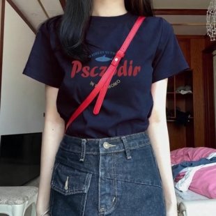 2026新款 美式 藏蓝色圆领短袖 T恤女夏季 显瘦字母印花正肩上衣 修身