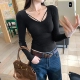 显瘦内搭毛衣女小上衣 修身 纯欲风坑条纹V领打底针织衫 女春秋冬季