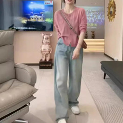 88827大爱美依缘2025新款时尚纯色长袖宽松外套高腰直筒牛仔裤女
