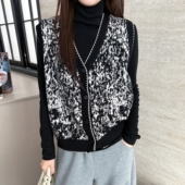 欧洲站高端两件套羊毛马甲背心开衫 高领水墨风黑白毛衣上衣针织女