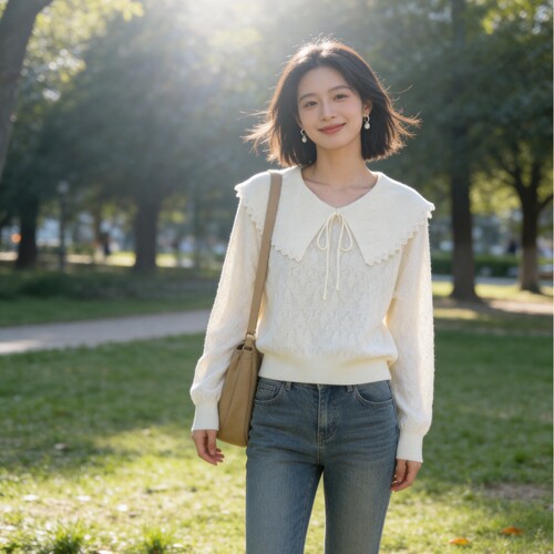 法式高端2026春季新款娃娃领大翻领蕾丝上衣薄款针织好看韩版女装