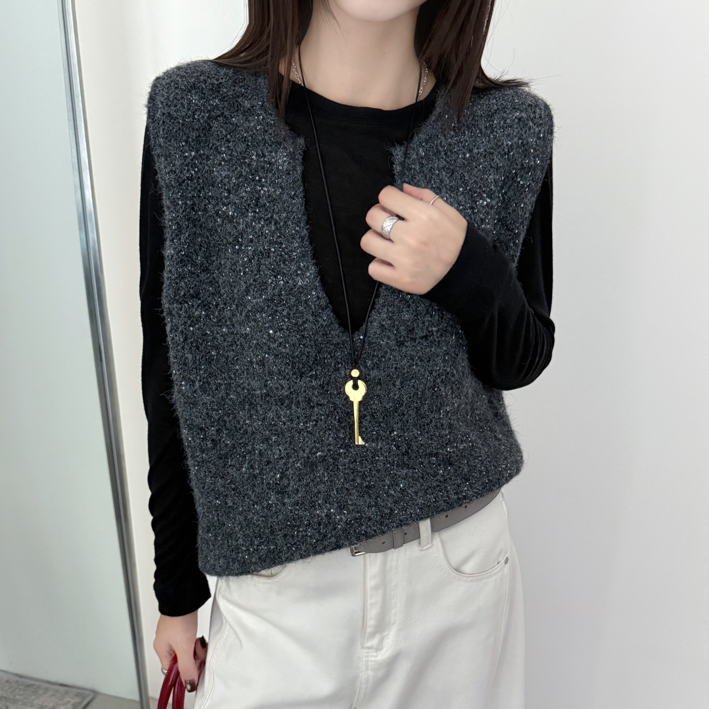 欧货宽松马海毛亮片U领背心马甲加厚秋冬新款上衣外搭韩版女装
