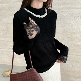 本店实拍&不起球天鹅绒针织打底衫半高领秋冬新款项链蕾丝袖毛衣