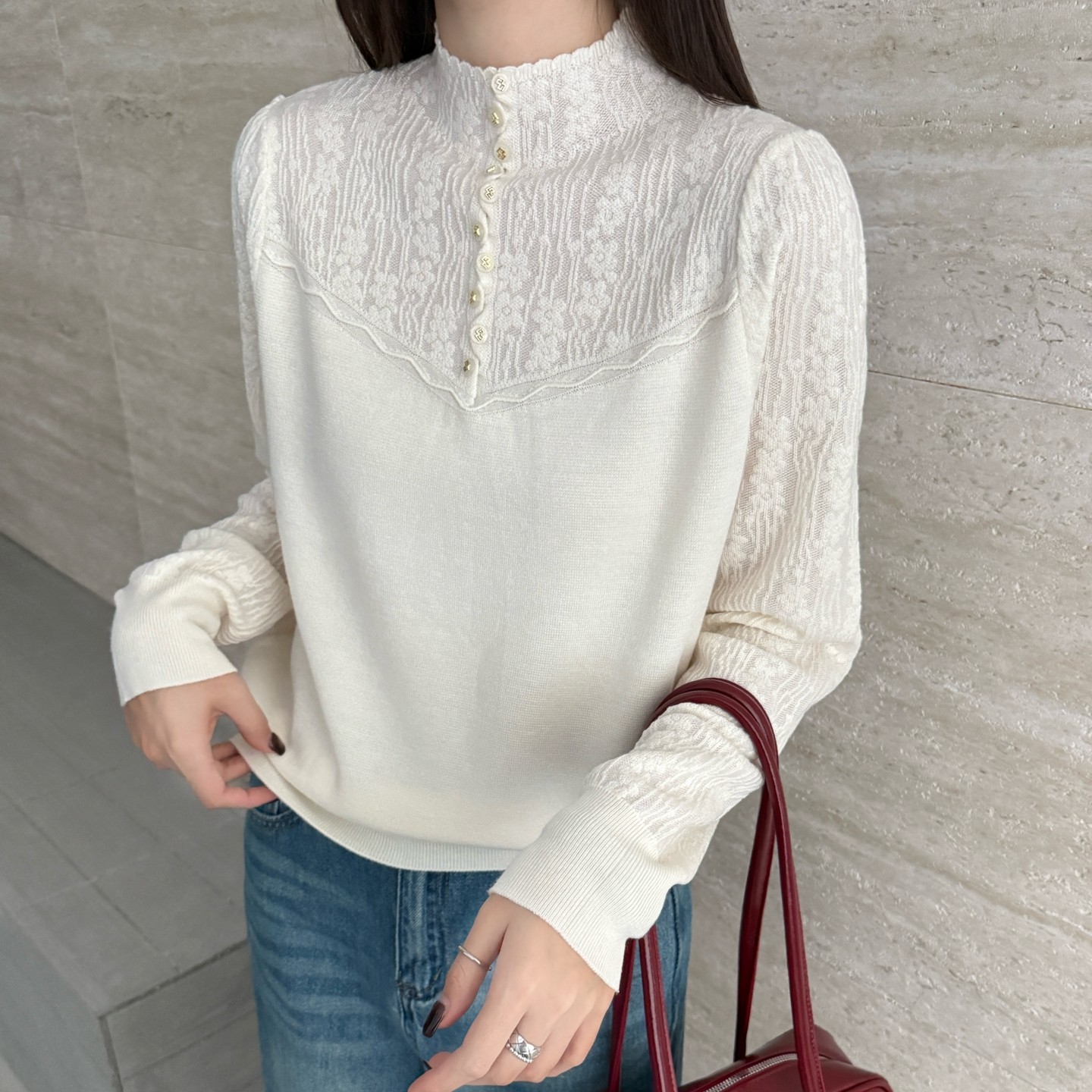 欧货桑蚕丝羊毛秋冬新款打底衫蕾丝花边半高领v纽扣针织毛衣女装,女装/女士精品,毛衣,淘宝优惠券,粉丝福利购,淘宝优惠卷