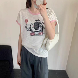 歐貨竹節(jié)麻短袖 上衣 高級感女裝 針織T恤圓領(lǐng)鑲邊小象提花休閑夏裝