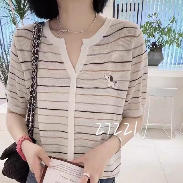 欧货莱赛尔天丝短袖彩色条纹针织衫夏季薄款小v领小象刺绣上衣女