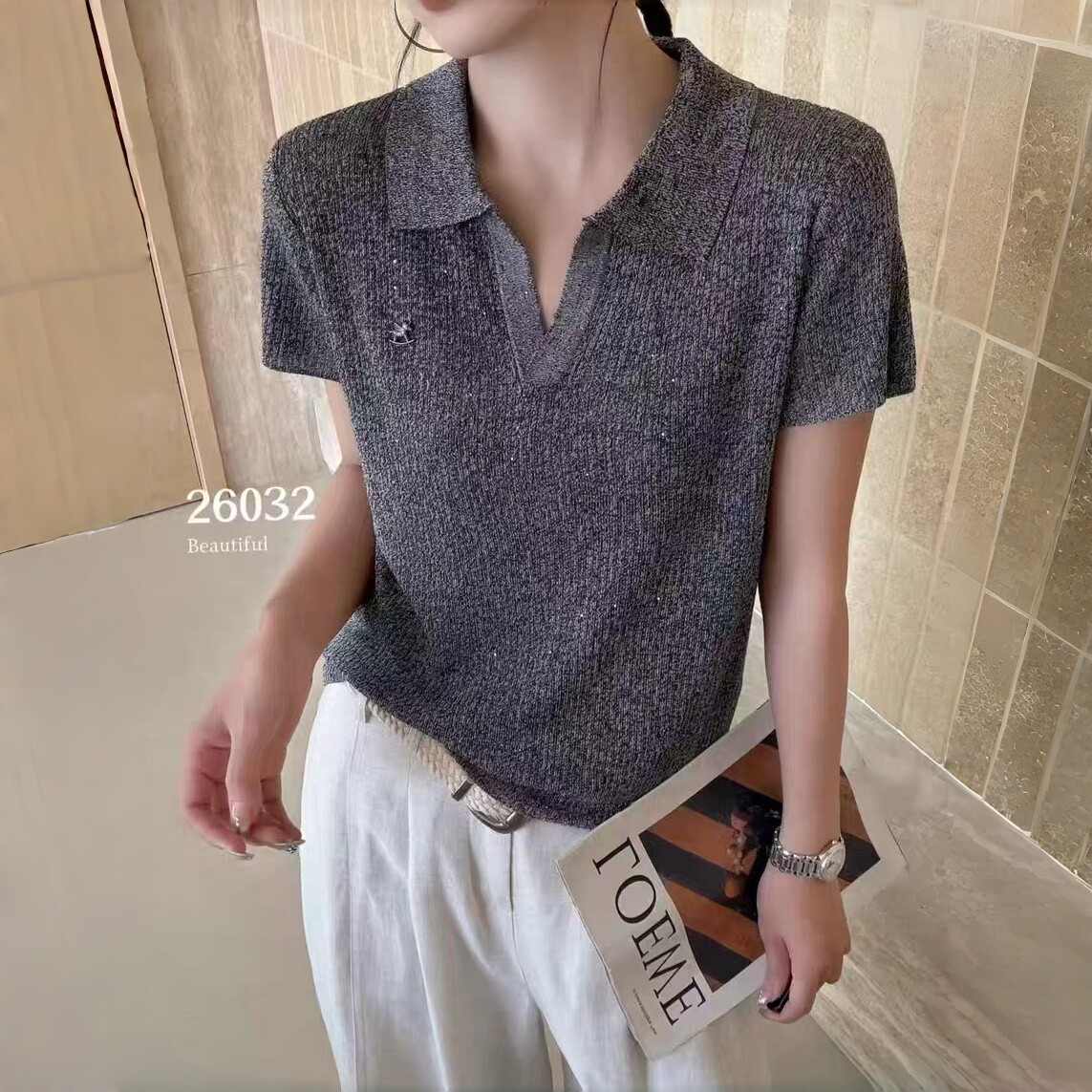欧货亮闪闪亮片天丝polo领针织短袖t恤女夏薄款显瘦好看灰色上衣