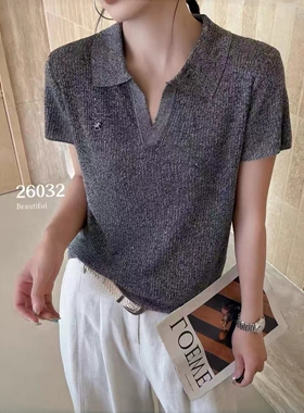 欧货亮闪闪亮片天丝polo领针织短袖t恤女夏薄款显瘦好看灰色上衣