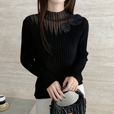 不起球精品天鹅绒针织打底衫重工蕾丝满天星立体花朵黑色毛衣女装