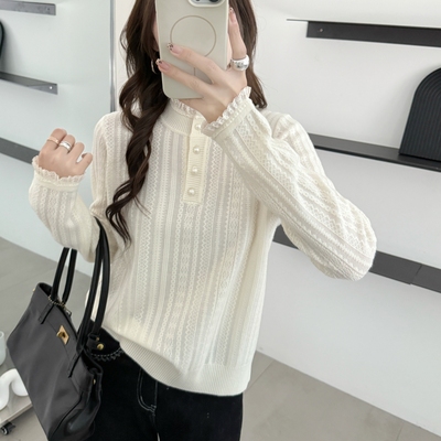 本店实拍&欧货羊毛蕾丝打底衫半高领纽扣竖条毛衣秋冬新款气质女