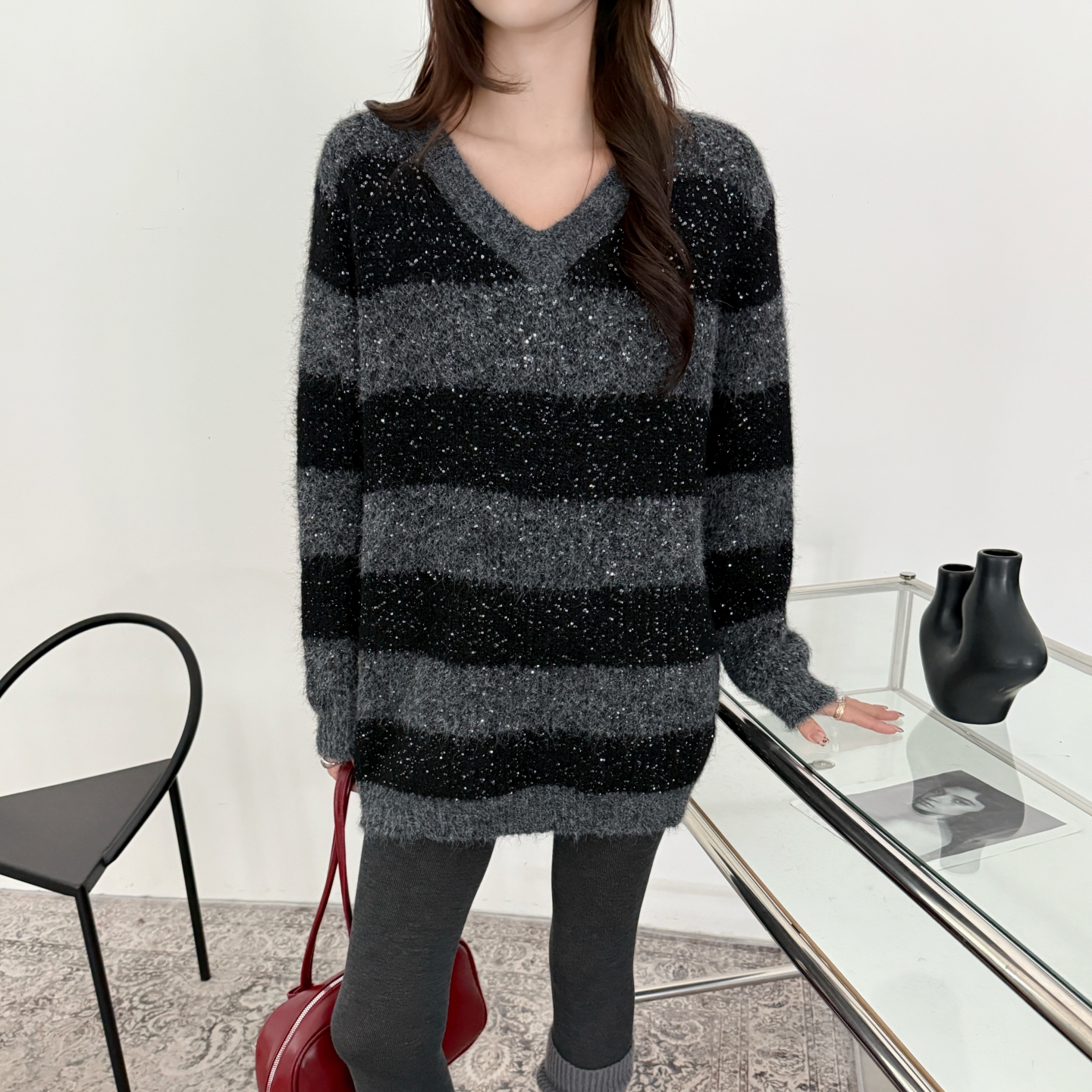 本店实拍&欧货满天星慵懒风休闲中长款羊毛亮片宽松大版韩版女装