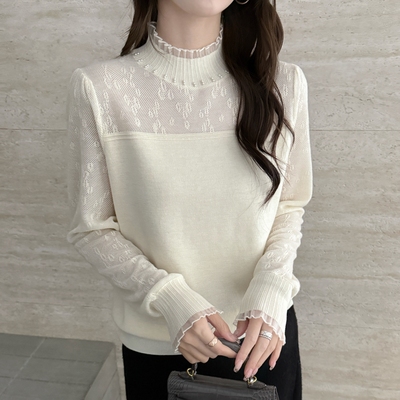 本店实拍&欧货羊毛蕾丝打底衫半高领内搭珍珠木耳边毛衣秋冬女装