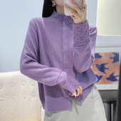 宽松百搭高端上衣毛衣女装 欧洲站花边紫色羊毛针织衫 新款 毛衫 爆款