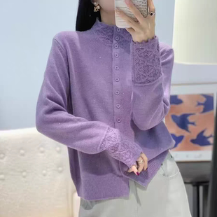 宽松百搭高端上衣毛衣女装 欧洲站花边紫色羊毛针织衫 新款 毛衫 爆款