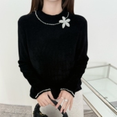 本店实拍&不起球天鹅绒花花压钻项链钉珠打底衫 秋冬保暖毛衣女装